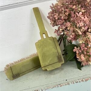 Vintage Vanity Brush Set Art Deco Bakelite Celluloid Etched Green Gold Prop